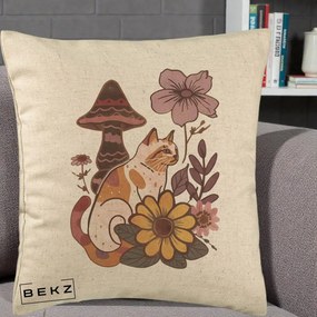 Perna Decorativa Pisica Vintage Florala Boho, 40x40 cm, Bej, Husa Detasabila, Perna Inclusa, BEKZ®