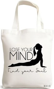Sacosa de Panza pentru Cumparaturi, Geanta Tote Yoga Lose your mind Find your soul, 38x34.5 cm, Alba, BEKZ®