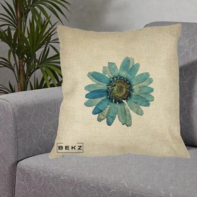Perna Decorativa Floare Margareta Albastra Acuarela, 40x40 cm, Crem, Husa Detasabila, Perna Inclusa, BEKZ®