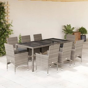 vidaXL Set mobilier de grădină cu perne 9 piese gri poliratan &amp; sticlă