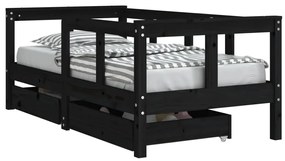 834413 vidaXL Cadru de pat copii cu sertare, negru, 70x140 cm, lemn masiv pin