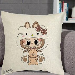 Perna Personalizata Labubu x Hello Kitty Maro-Vintage, 40x40 cm, Ecru, Husa Detasabila, Perna Inclusa, BEKZ®