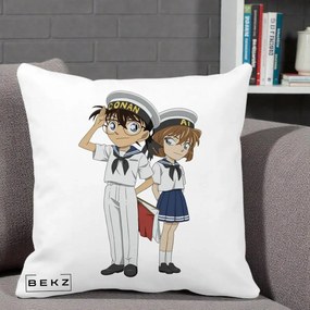 Perna Personalizata Detective Conan Conan si Ai Sailor, 40x40 cm, Alba Mata, Husa Detasabila, Perna Inclusa, BEKZ®