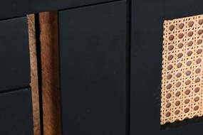 Comodă TV living din lemn de mango, negru, cu 2 uși, 2 sertare, nișă deschisă și inserții din ratan împletit, 60 x 145,5 x 40,5 cm, „Cheverny”