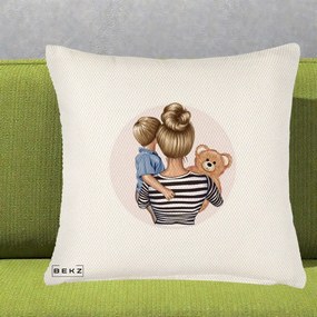 Cadou pentru Mama - Perna Personalizata Mama si Baietelul cu Ursulet, 40x40 cm, Crem Reliefat, Husa Detasabila, Perna Inclusa, BEKZ®