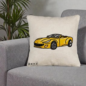 Perna Personalizata Masina Cabriolet Galbena Grafic, 40x40 cm, Bej Canapea, Husa Detasabila, Perna Inclusa, BEKZ®