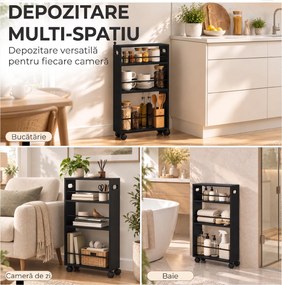 HOMCOM Cărucior pentru Bucătărie și Baie, 3 Niveluri, Bare Laterale și Roți cu Frână, Negru | Aosom Romania