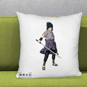 Perna Personalizata Naruto Sasuke Uchiha cu Sabia, 40x40 cm, Alb Pufos, Husa Detasabila, Perna Inclusa, BEKZ®