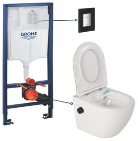 Set vas wc suspendat cu functie bideu alb si baterie inclusa negru mat Foglia Oslo, rezervor wc si clapeta neagra din sticla, Grohe