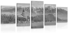 Tablou 5-piese biserică lângă lacul Bled în Slovenia în alb-negru