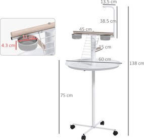 PawHut Manoniera pentru păsări pe suport cu 4 role perche 2 bols detasabile tava rotundă din oțel inoxidabil Ø 60 x 138A cm alb | Aosom Romania