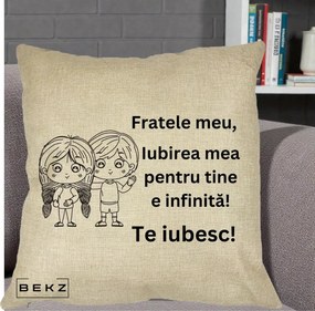 Cadou pentru Frate - Perna Personalizata Fratele Meu Te Iubesc Copii Anime Line Art Negru, 40x40 cm, Crem, Husa Detasabila, Perna Inclusa, BEKZ®