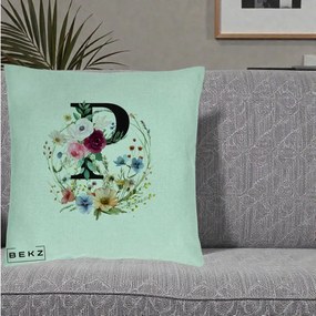 Cadou Personalizat - Perna Personalizata Monogram Litera P cu Flori Acuarela, 40x40 cm, Verde Menta, Husa Detasabila, Perna Inclusa, BEKZ®