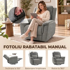 HOMCOM Fotoliu Reclinabil Manual 155° cu Suport pentru Picioare, Rotativ 360°, pentru Living, Gri Deschis | Aosom Romania