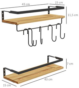 HOMCOM Set de 2 rafturi murale cu 6 cârlige detașabile și trăgaci, stil industrial pentru bucătărie, baie, lemn oțel | Aosom Romania