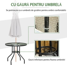 Outsunny Masă de Grădină Rotundă 80 cm cu Orificiu pentru Umbrelă, Masă de Cafea pentru Exterior cu Blat din Sticlă Temperată, Cadru Metalic, pentru Terasă, Balcon, Negru | Aosom Romania