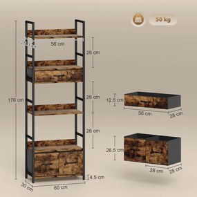 HOMCOM Bibliotecă raft de depozitare cu 6 niveluri cu 4 rafturi, 3 sertare din material textil, 60x30x176cm, maro rustic | Aosom Romania