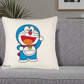 Perna Personalizata Doraemon Salutand, 40x40 cm, Crem Reliefat, Husa Detasabila, Perna Inclusa, BEKZ®