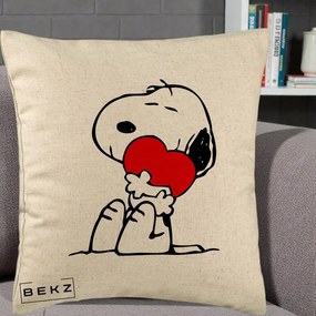 Perna Personalizata Snoopy cu Inima, 40x40 cm, Bej, Husa Detasabila, Perna Inclusa, BEKZ®