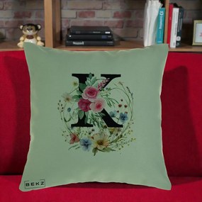 Cadou Personalizat - Perna Personalizata Monogram Litera K cu Flori Acuarela, 40x40 cm, Verde, Husa Detasabila, Perna Inclusa, BEKZ®