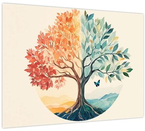 Tablou pe sticlă – Arbore dual cu fluture (70x50 cm)