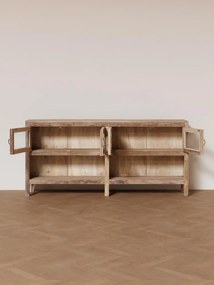 Bufet rustic din lemn reciclat, natur, cu 4 uși vitrate și rafturi deschise, 89 x 192 x 34 cm, „Pinot”