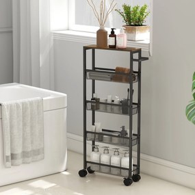 HOMCOM Cărucior de bucătărie cu 4 roți, cărucior de depozitare cu roți, blat cu aspect de lemn, structură metalică, 47x13x96,5 cm, negru | Aosom Romania