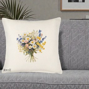 Perna Decorativa Buchet Camp Acuarela Margarete-Lavanda, 40x40 cm, Crem Reliefat, Husa Detasabila, Perna Inclusa, BEKZ®