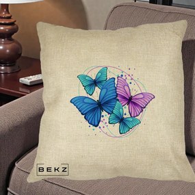 Perna Decorativa Patru Fluturi Turcoaz-Violet, 40x40 cm, Crem, Husa Detasabila, Perna Inclusa, BEKZ®