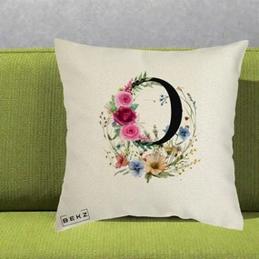 Cadou Personalizat - Perna Personalizata Monogram Litera O cu Flori Acuarela, 40x40 cm, Ecru, Husa Detasabila, Perna Inclusa, BEKZ®