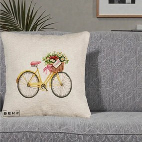 Perna Decorativa Bicicleta Galbena cu Cos de Flori Primavara, 40x40 cm, Bej Canapea, Husa Detasabila, Perna Inclusa, BEKZ®
