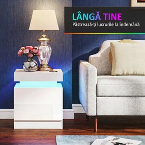 HOMCOM Set 2 Noptiere LED cu 4 Moduri, 2 Sertare, PAL, 45x35x52 cm, Alb Lucios | Aosom Romania