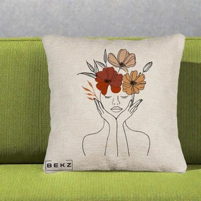 Perna Decorativa Portret Feminin Coroana Trei Flori, 40x40 cm, Bej Canapea, Husa Detasabila, Perna Inclusa, BEKZ®