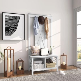 HOMCOM Suport pentru Haine cu Pantofi din Lemn cu 2 Rafturi și 3 Cârlige pentru Agățat Rucsacuri 80,5x40x168 cm Alb | Aosom Romania