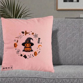 Perna Decorativa Halloween Dovleac Vrajitor Boo cu Simboluri, 40x40 cm, Roz, Husa Detasabila, Perna Inclusa, BEKZ®