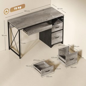 HOMCOM Birou de calculator, 120×50cm, birou cu depozitare, blat pentru tastatură, compartiment deschis și 2 sertare, gri | Aosom Romania