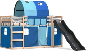vidaXL Pat supraetajat cu tobogan și perdele, albastru, 90x190 cm