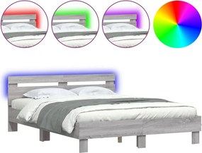 vidaXL Cadru de pat cu tăblie și LED, gri sonoma, 140x190 cm