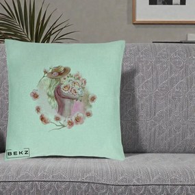 Perna Decorativa Femeie cu Flori Roz Acuarela, 40x40 cm, Verde Menta, Husa Detasabila, Perna Inclusa, BEKZ®