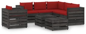 Set mobilier de gradina cu perne, 8 piese, gri, lemn tratat Rosu si gri, 8