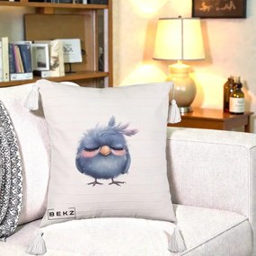 Perna Decorativa Pui Adormit Albastru, 40x40 cm, Bej cu Franjuri, Husa Detasabila, Perna Inclusa, BEKZ®