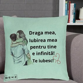 Cadou pentru Iubita - Perna Personalizata Draga Mea Iubirea Mea Infinita Te Iubesc cu Cuplu Acuarela, 40x40 cm, Verde Menta, Husa Detasabila, Perna Inclusa, BEKZ®