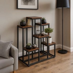 Suport pentru flori Loft - 6 rafturi, oțel negru și decor din lemn