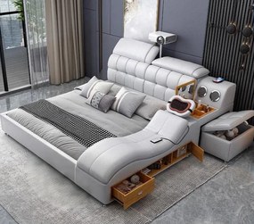 MOBLUX99 Utility 160x200 cm Light Grey Left Chaise – Pat Inteligent Premium cu Proiector, Vibromasaj, Boxe Bluetooth, Încărcare Wireless și Spații Multiple de Depozitare