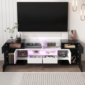 Dulap TV cu iluminare LED, suprafețe din sticlă, cu 6 uși, 2 sertare și 3 compartimente, 145x30x51 cm, Alb+Negru