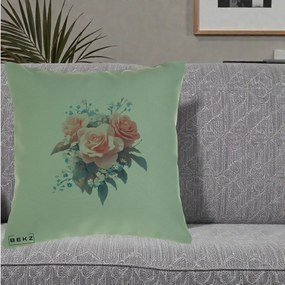 Perna Decorativa Trandafiri Roz cu Floricele Albastre, 40x40 cm, Verde, Husa Detasabila, Perna Inclusa, BEKZ®