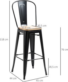 HOMCOM, Set de 4 taburete de bar, stil industrial, cu spătar, suport pentru picioare, înălțime 76 cm, Negru | Aosom Romania