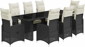 vidaXL Set bistro de grădină, 9 piese, cu perne, negru, poliratan