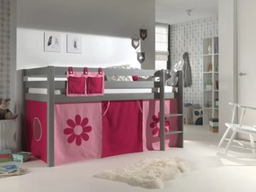 Pat copii supraînălțat Vanessa din lemn masiv de pin, gri lăcuit, cu husă Pink Flower pentru copii [Dimensiuni: 208x98x114 cm]