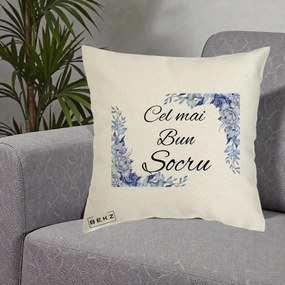 Cadou pentru Socru - Perna Personalizata Cel mai Bun Socru cu Flori Albastre Acuarela, 40x40 cm, Ecru, Husa Detasabila, Perna Inclusa, BEKZ®